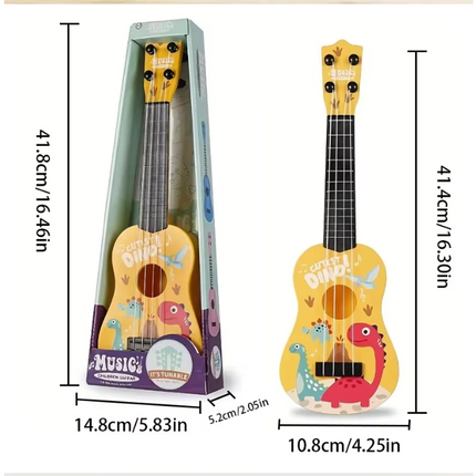 Two boxed kids toy guitars with animal graphics, blue and yellow rounded bodies