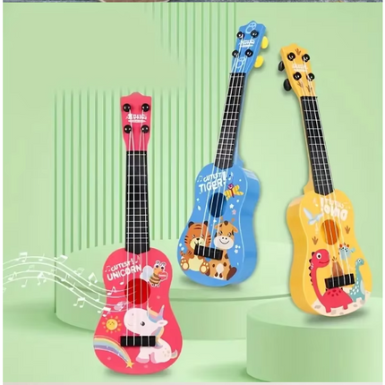 Three kids toy guitars: pink, blue, and yellow animal graphic bodies with black strings