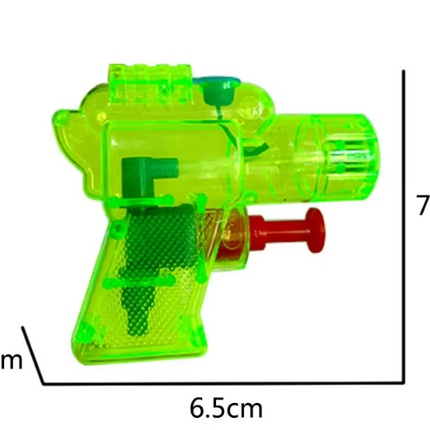 Translucent green plastic water toy gun with red trigger, 6.5cm x 7.5cm