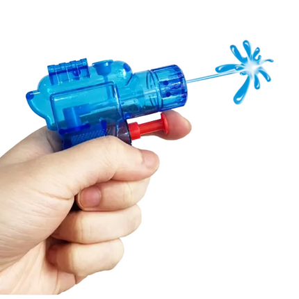 Plastic water toy gun, translucent blue with red trigger, held in hand