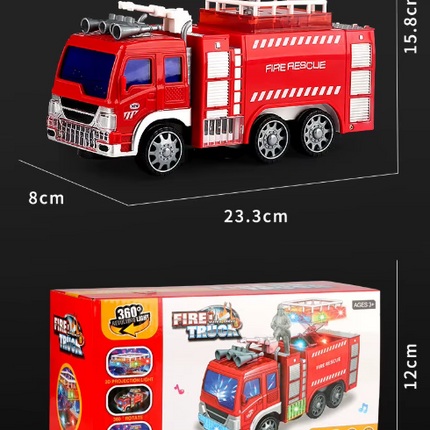 Red toy fire truck with firefighter on top and FIRE RESCUE cab details