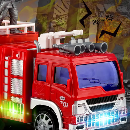Red toy fire truck with roof firefighter, three-barrel launcher and flashing light bars