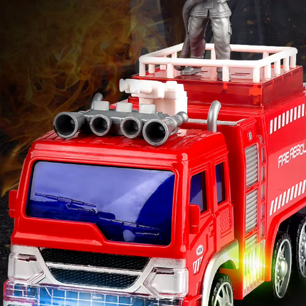 Red toy fire truck front with four-barrel launcher and glowing LED headlights