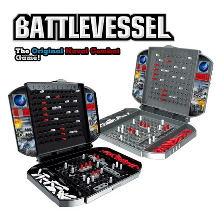 Battlevessel board game set with two open cases and gray metal peg grid