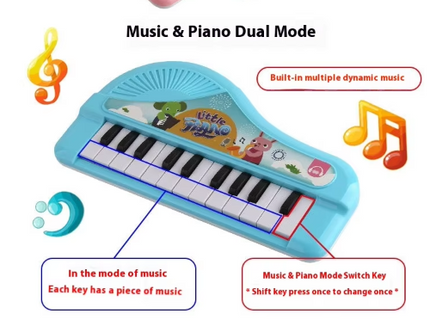 Blue electronic keyboard with musical note graphics and keyboard mode icons