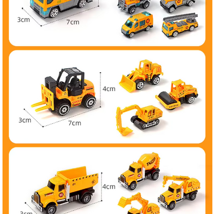 Engineering vehicle set box showing orange trucks, crane, and multiple mini vehicle models