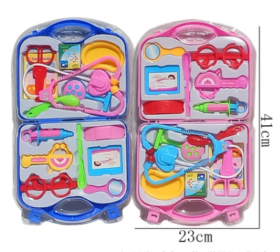 Doctor play set with blue and pink cases showing toy medical accessories
