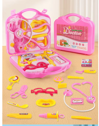 Pink doctor play set with open case and loose toy medical instruments