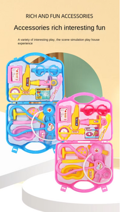 Doctor play set in blue and pink cases with colorful medical accessories