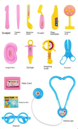Assorted doctor toy accessories: stethoscope, syringe, scissors, weighing scale