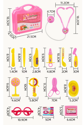 Doctor accessory play set diagram with case, stethoscope, and tool sizes