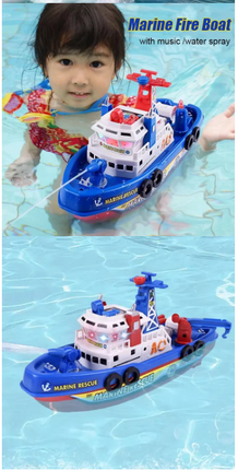 Toy marine rescue boat with LED lights and water-spray unit floating in pool