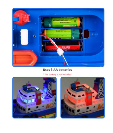 Blue toy rescue boat battery bay showing AA slots and red wiring leads