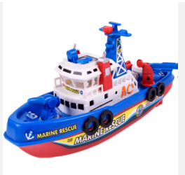 Blue, red, and white toy rescue boat with tall tower and side rescue gear