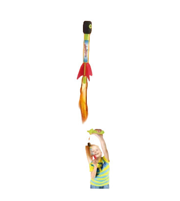 Toy rocket launcher with light, red rocket and green launcher, pictured with child
