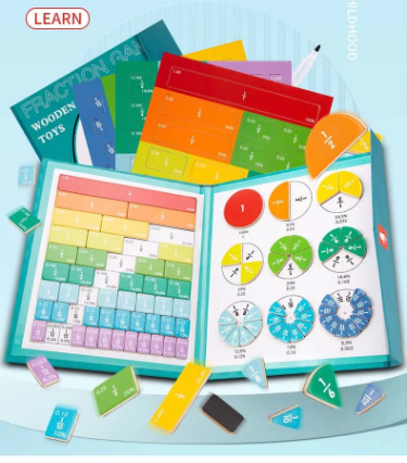Magnetic fractions learning kit with colored pages, tiles, and number wheel pieces