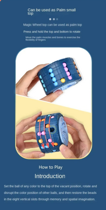 Toy puzzle magic wheel held in hands, with a rotating top and multicolor beads