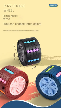 Toy puzzle magic wheel options in dark red, blue, and teal with colored bead rows