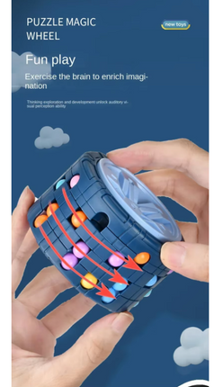 Blue toy puzzle magic wheel held in hands, showing the top with multicolor bead channels