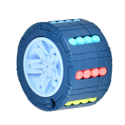 Blue toy puzzle magic wheel with white hub and bead rows in blue, red, and green