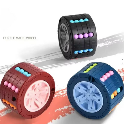 Set of toy puzzle magic wheels in red, blue, and teal with multicolor bead rows