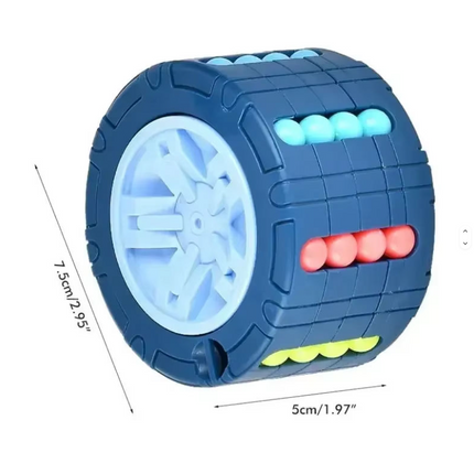 Blue toy puzzle magic wheel, about 5 cm wide, with colored bead rows and white hub