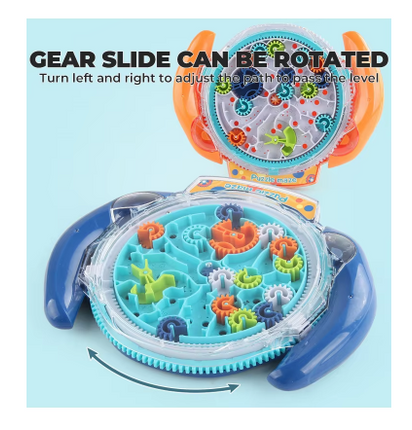 Circular 3D gear slide puzzle toy with rotating gears under a clear dome, orange and blue