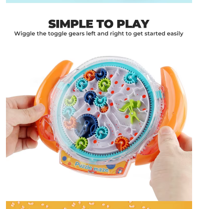 Orange 3D gear maze puzzle toy with clear dome and multicolor toggle gears, held by hands