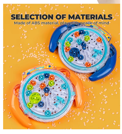 Two 3D gear maze puzzle toys with clear domes and multicolor gears, blue and orange