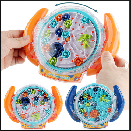 3D gear maze puzzle toy shown in orange and blue with clear domes and multicolor gears