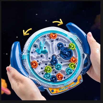 Close-up of blue 3D gear maze puzzle toy with clear dome and multicolor gears