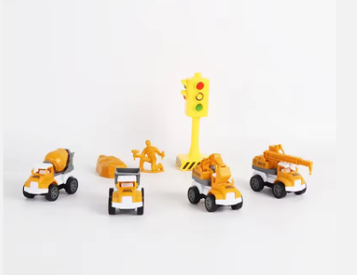 Assorted orange construction vehicle toys with crane, worker figures, and small accessories