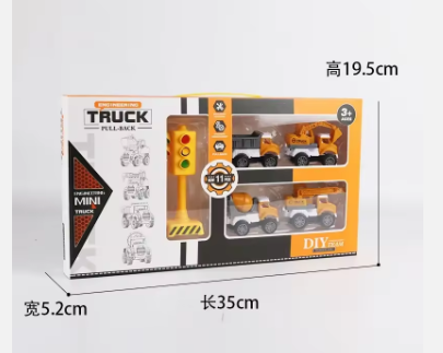 Mini truck DIY toy set box with three orange construction vehicles and parts