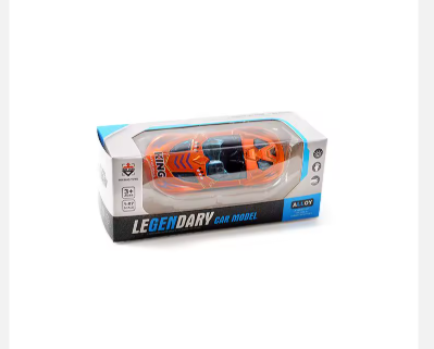 Orange 1:64 die-cast racing car model in clear box packaging