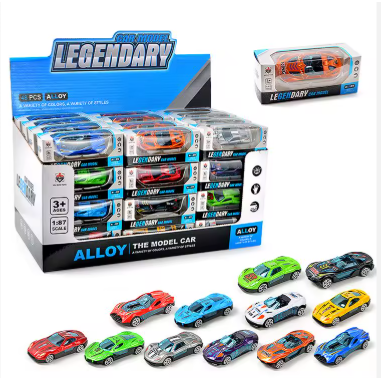 Assorted 1:64 alloy die-cast racing cars in a display box with loose mini cars