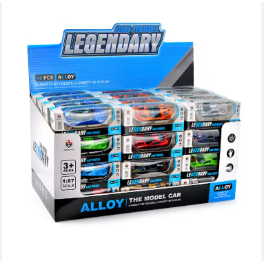 Retail display box for 1:64 alloy model racing cars, several cars visible inside