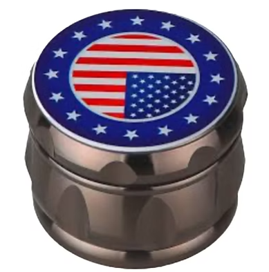 Blue and red flag zinc herb grinder with star-ring lid and metal teeth
