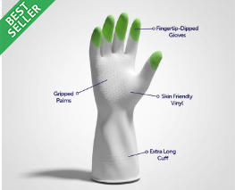Reusable general-purpose cleaning gloves, gray with green grip palms and long cuff