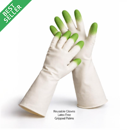Reusable cleaning gloves with long beige sleeves, green fingertips, and grip palms