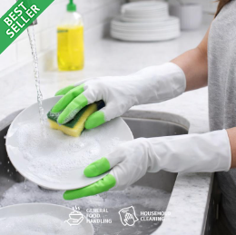 Reusable cleaning gloves on hands, green grip palms for washing and scrubbing
