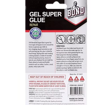 Gel super glue repair back of package with application instructions and safety text