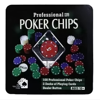 Poker chips tin box lid labeled "Professional Poker Chips" with chip graphics