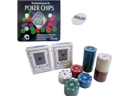 Poker set tin box with chips and card decks, multiple stacked casino poker chips