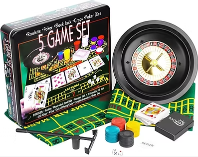 5 game set in tin box with roulette wheel, poker chips, dice and playing cards