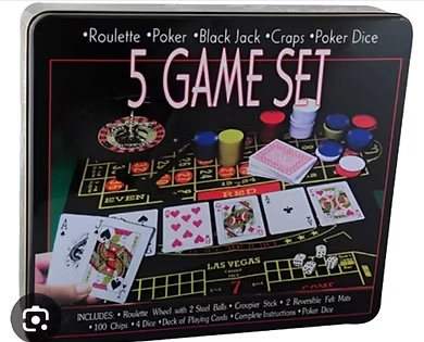 5 game set tin box front, '5 GAME SET' graphic with cards, dice and roulette table