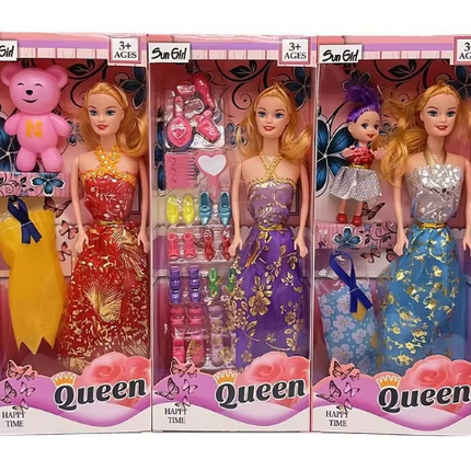 Three-pack 11.5 inch fashion dolls in purple, red, and blue queen outfits