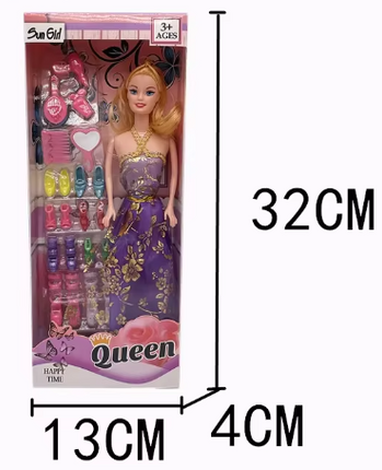 11.5 inch fashion doll in purple glitter queen dress with gold jewelry accessories