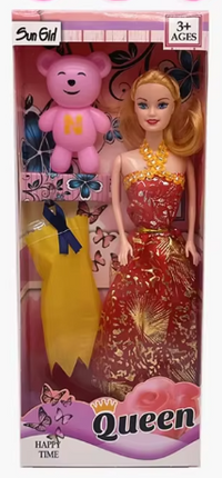 11.5 inch fashion doll in red glitter queen dress with gold necklace and handbag