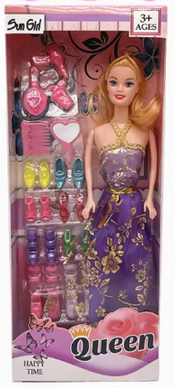 11.5 inch fashion doll in purple floral queen dress with heart-shaped accessories