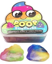 Poop Surprise Sparkle slime tub with two colored slime blobs, rainbow look